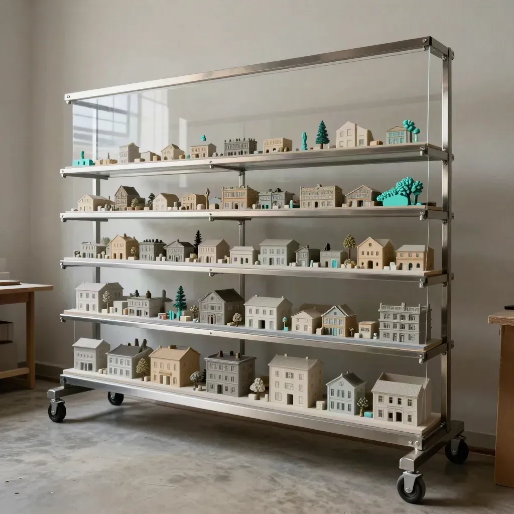 Parete mobile con acetati, maquette di quartiere e segnali scenario in una sala foresight
