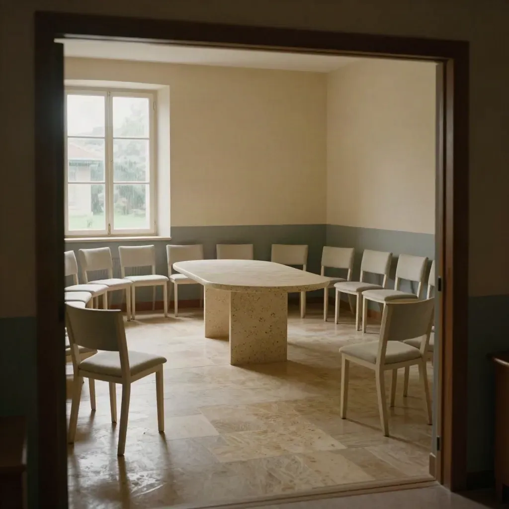 Sala civica vuota con sedie in semicerchio e luce mattutina sul cortile