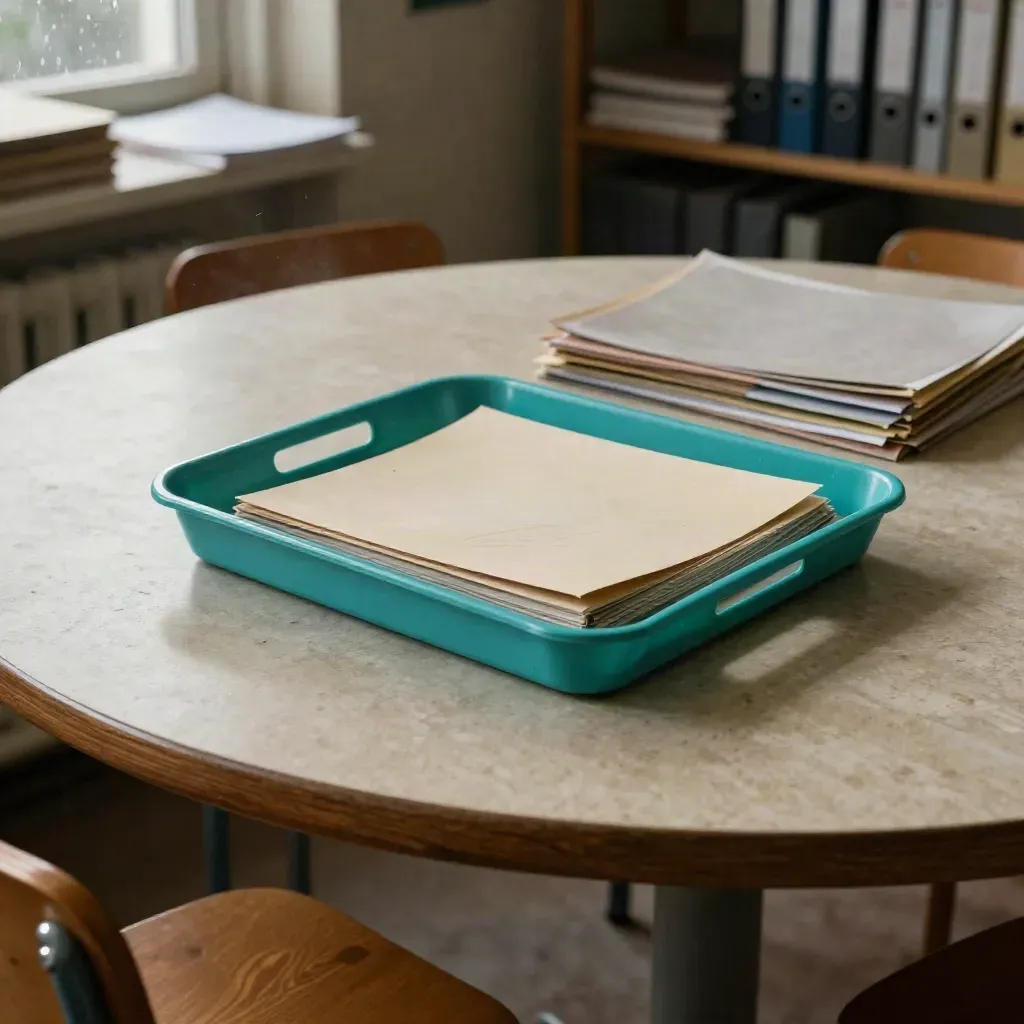 Tavolo rotondo in una scuola-laboratorio con materiali chiusi, sedute spostate e pioggia lieve ai vetri.